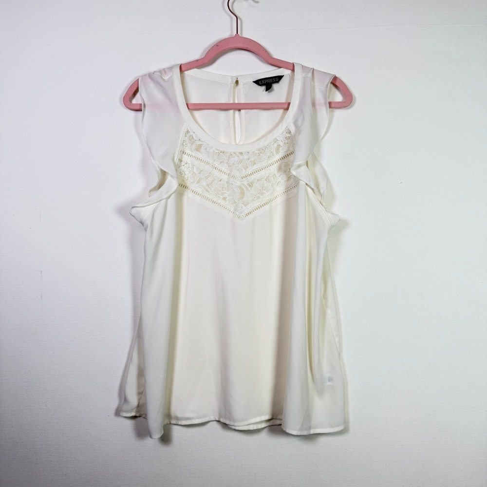 EXPRESS Ivory Lace Yoke Ruffle Sleeveless Chiffon Blouse Large